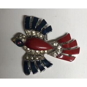 Vintage Crown Trifari Alfred Philippe Bird Fur Clip Crystal Patriotic Blue&Red